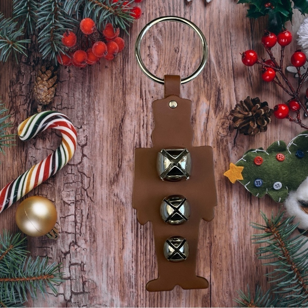 Brown Genuine Leather Jingle Sleigh Bells Door Knob Hanger- Made in USA - NWOT